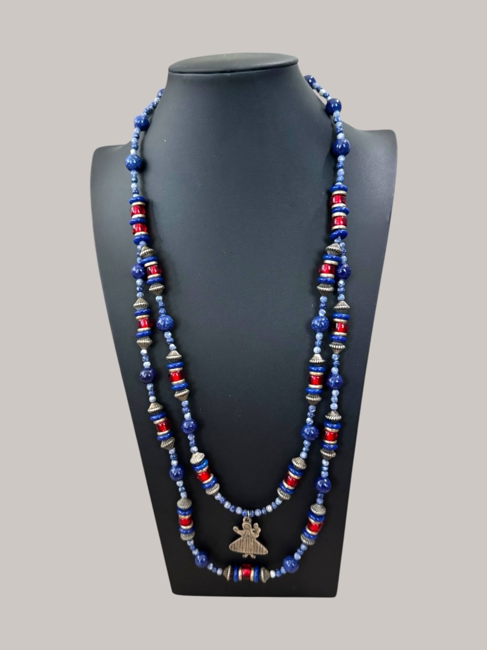 Vintage Double Strand Blue Red Beaded Necklace Silver Tone Figural Charm Boho St